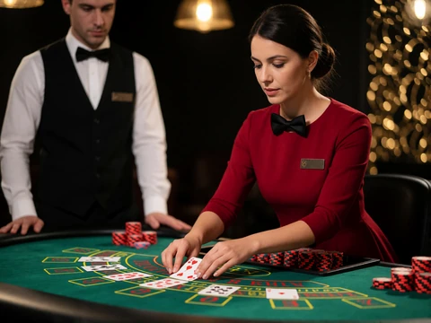 Live-Dealerin am Kartentisch im Studio als Symbolbild f&uuml;r &uuml;ber 60 Live-Tische im V.Vegas Live-Casino