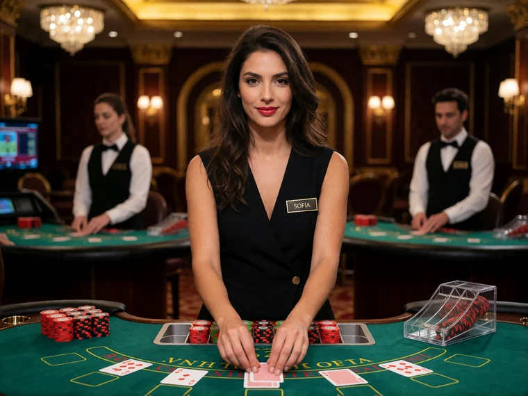 Elegante Live-Dealerin am Blackjack-Tisch im goldenen Casino-Studio als Beleg f&uuml;r das Live-Casino von V.Vegas
