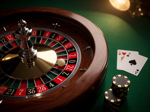 Roulettekessel mit Karten und Chips als Symbolbild f&uuml;r Tisch- und Kartenspiele im Online Casino V.Vegas