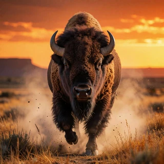 St&uuml;rmender Bison vor Sonnenuntergang als Vorschaubild f&uuml;r den Jackpot-Slot Buffalo Force im V.Vegas Casino