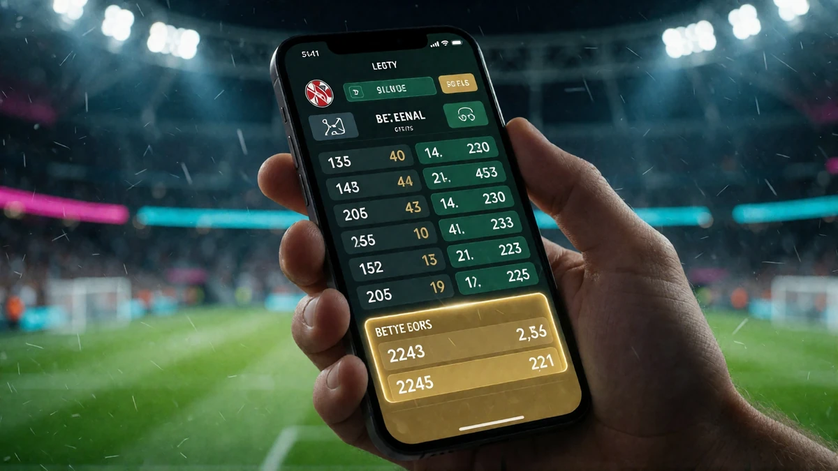 Smartphone mit Live-Wettoberfl&auml;che und Wettschein vor Flutlichtstadion als Bild f&uuml;r Sportwetten bei V.Vegas