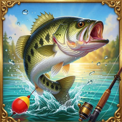 Springender Fisch &uuml;ber blauem Wasser als Slot-Vorschaubild f&uuml;r den Freispiel-Slot Big Bass Splash