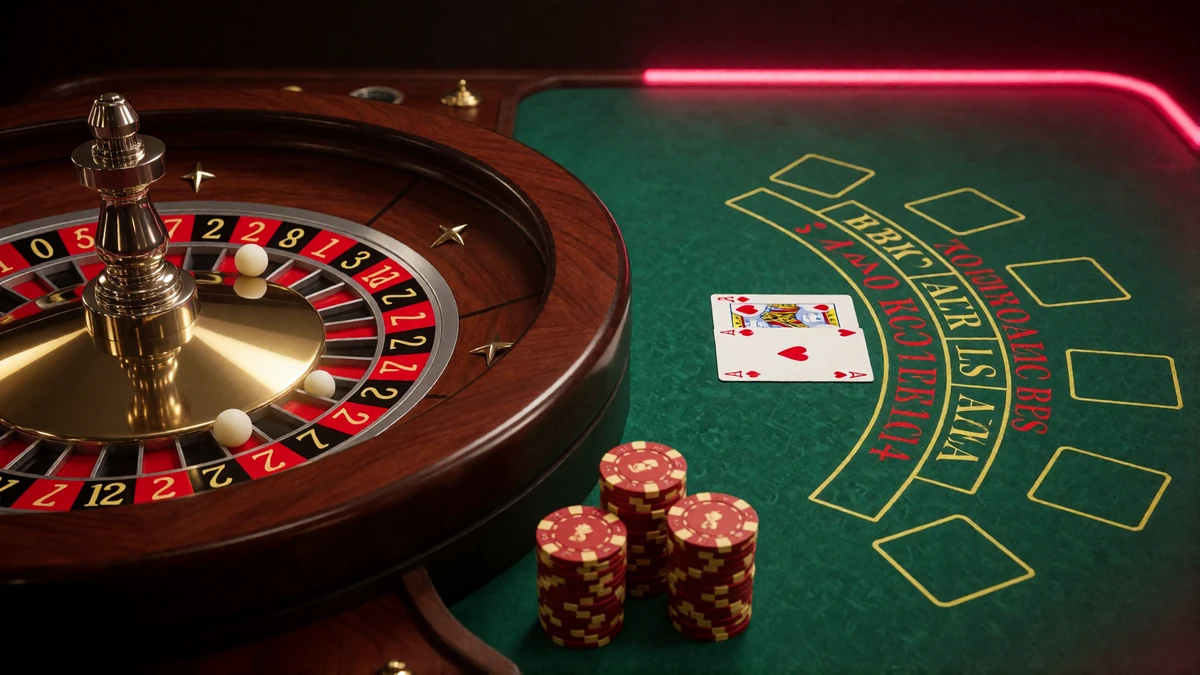 Roulettekessel neben Blackjack-Blatt mit Ass und K&ouml;nig sowie Chips zur Erkl&auml;rung der Roulette- und Blackjack-Regeln